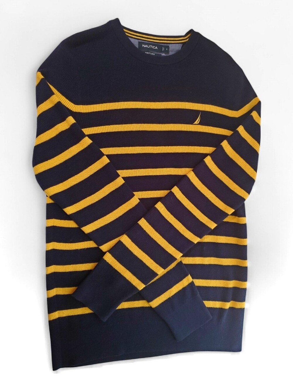 Vintage Nautica Men's Knit Navy and Yellow Striped Crewneck Sweater Size Small